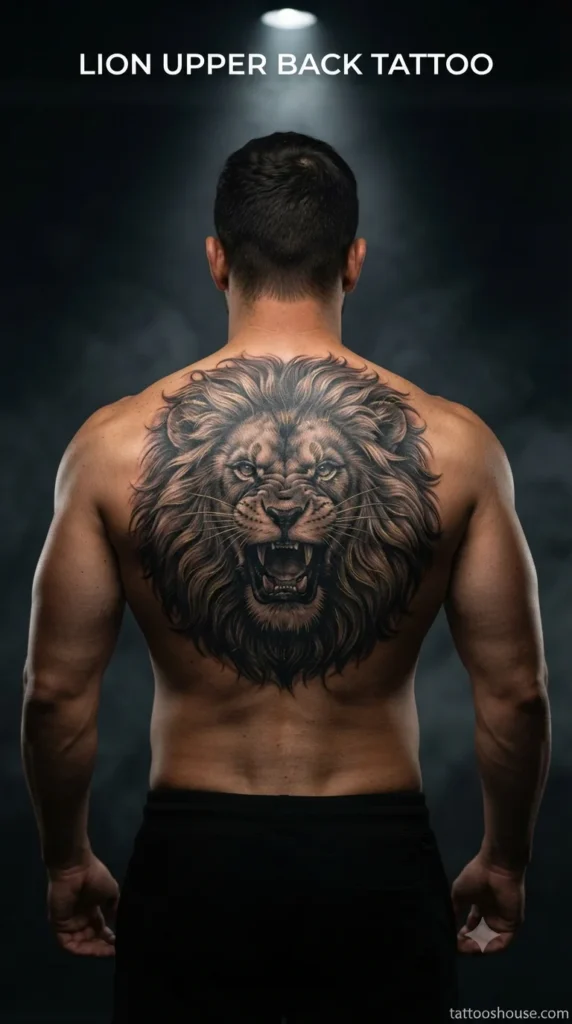Lion upper back tattoo for men on tan back in dark studio by tattooshouse.com
