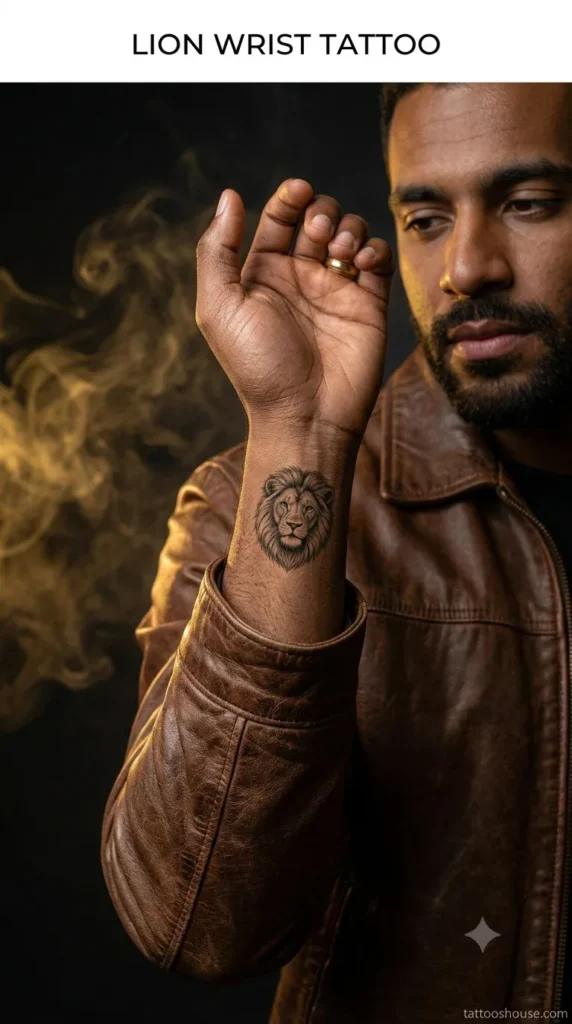 Lion head wrist tattoo for men on dark brown outer wrist by tattooshouse.com