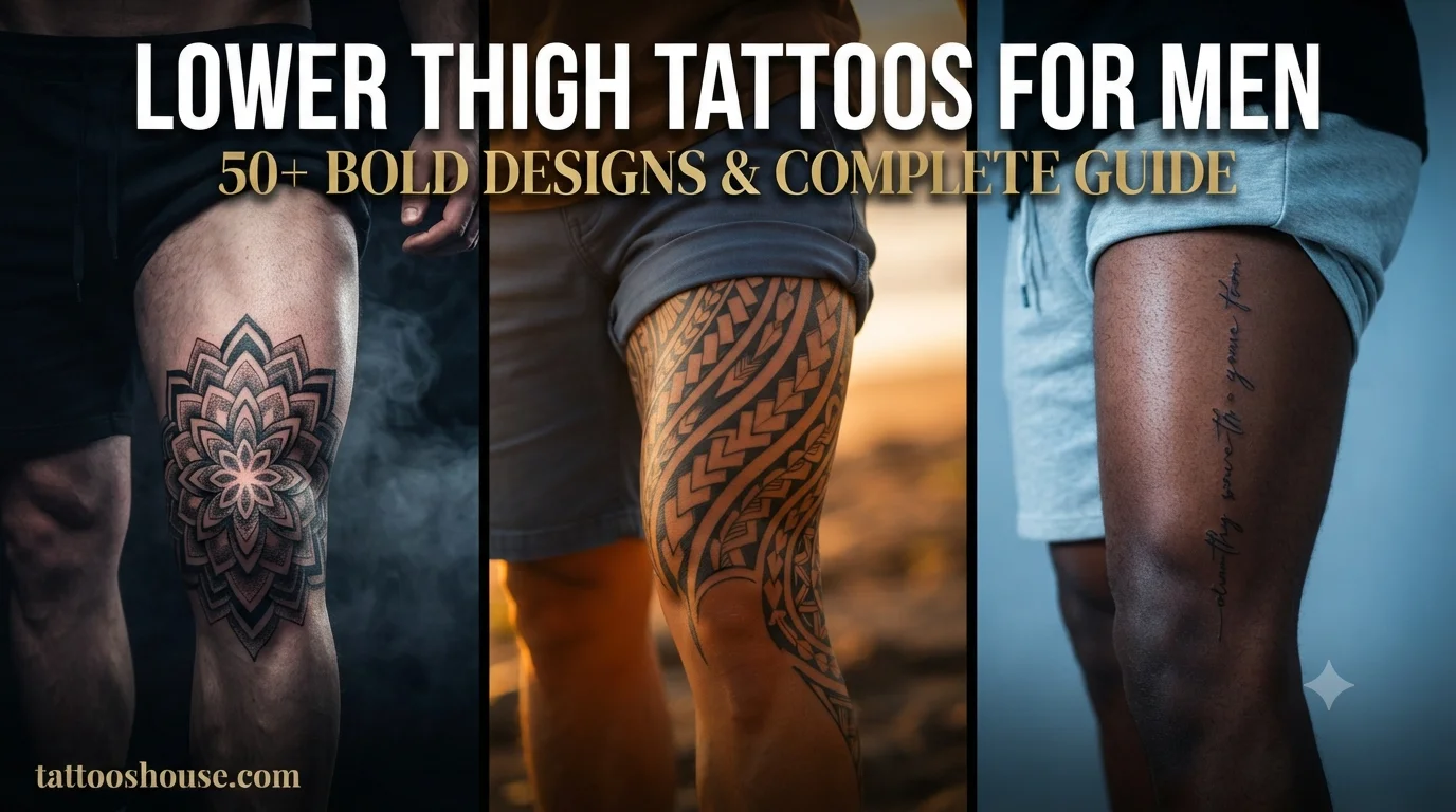 Lower thigh tattoos for men featuring three styles – geometric mandala, Polynesian tribal, and script quote on different thighs by tattooshouse.com