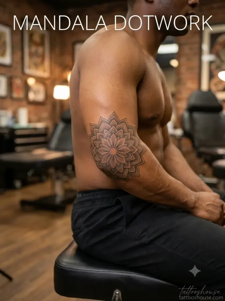  Intricate mandala elbow tattoo for men on tan arm in yoga studio with dotwork by tattooshouse.com