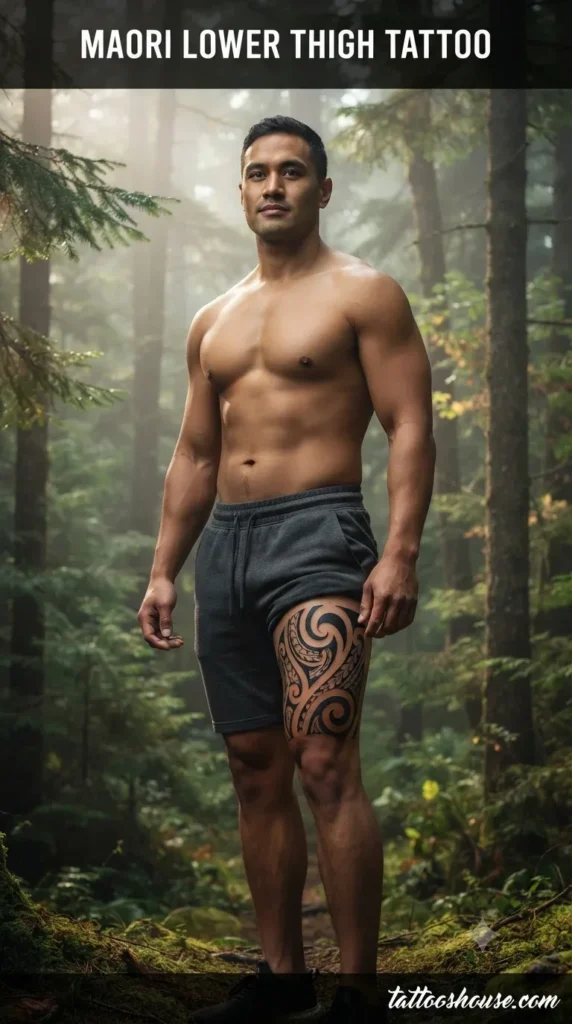Maori inspired lower thigh tattoo for men on olive thigh in forest by tattooshouse.com