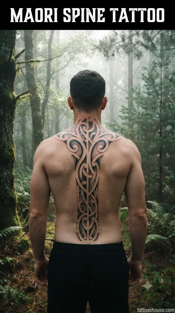  Maori inspired spine tattoo for men on fair back in forest by tattooshouse.com