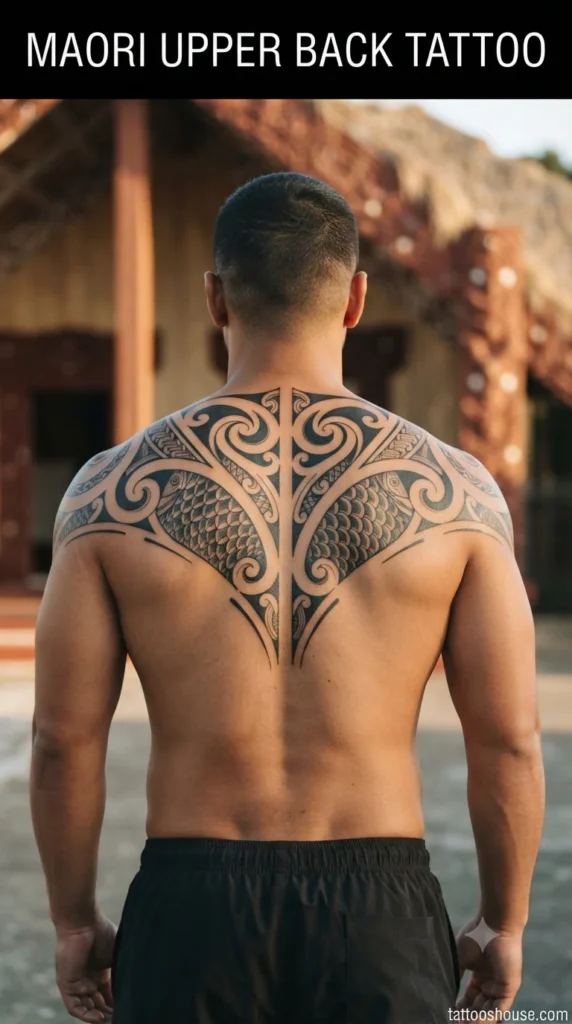 Maori inspired upper back tattoo for men on olive back at temple by tattooshouse.com