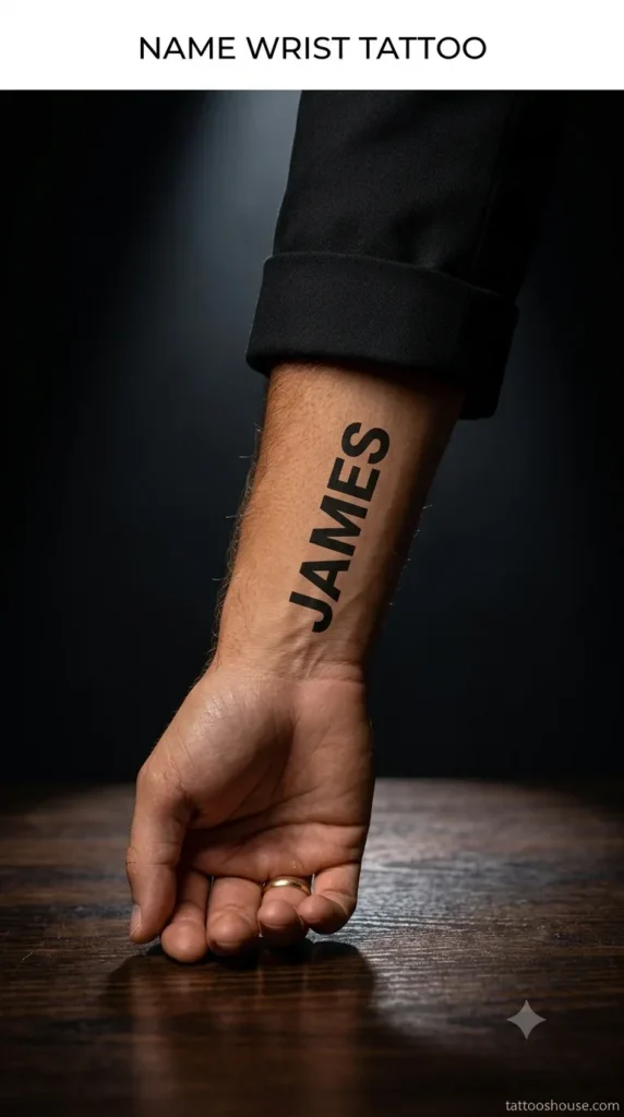  Name tattoo wrist tattoo for men on tan inner wrist by tattooshouse.com