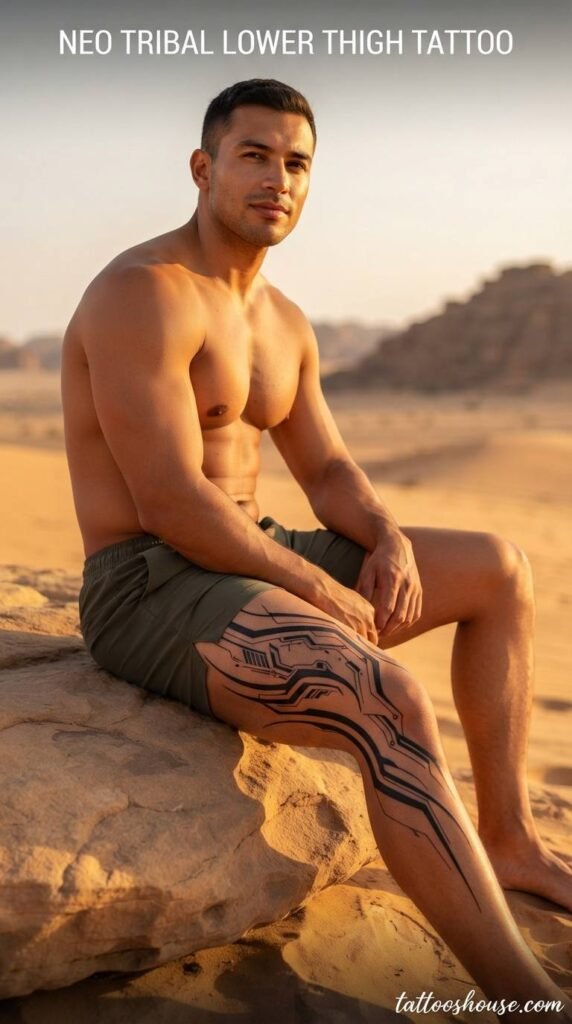 Neo tribal lower thigh tattoo for men on tan thigh in desert by tattooshouse.com
