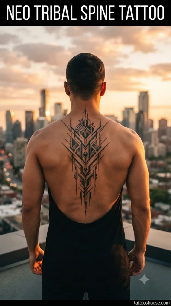 Neo tribal spine tattoo for men on olive back on rooftop by tattooshouse.com