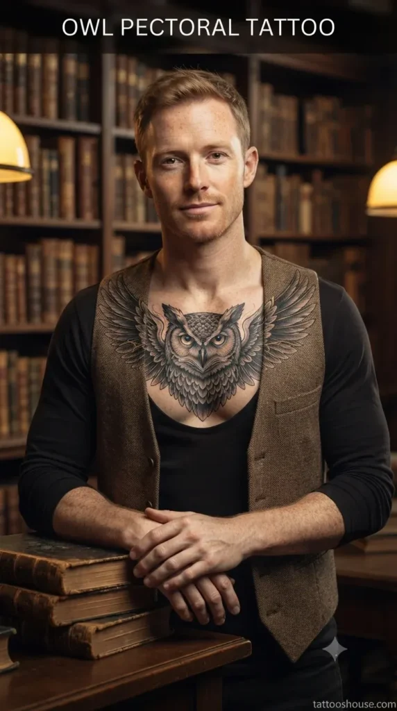 Owl pectoral tattoo for men on fair chest by tattooshouse.com