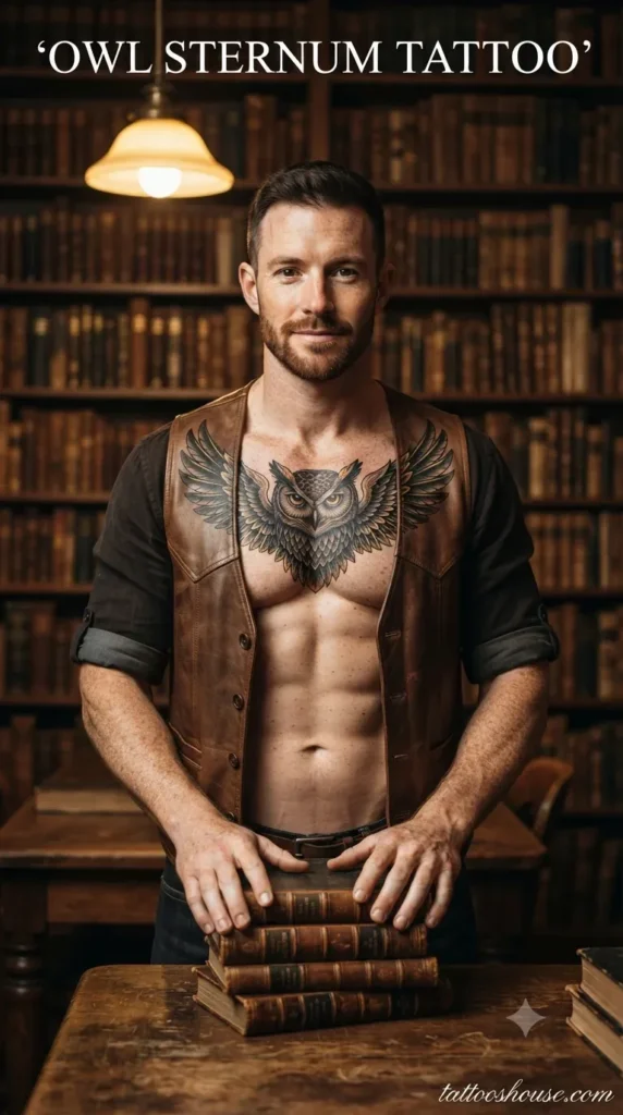 Owl sternum tattoo for men on fair chest in library by tattooshouse.com