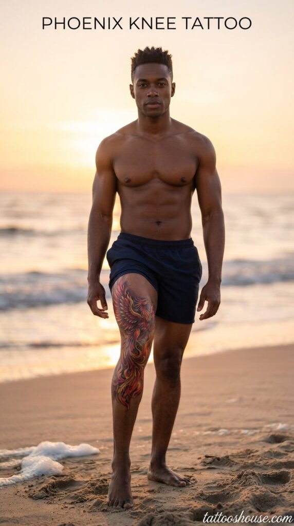 Phoenix knee tattoo for men on dark brown knee at beach by tattooshouse.com