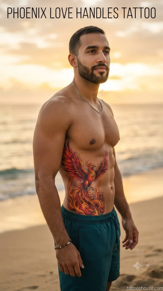 Phoenix love handles tattoo for men on olive side torso at beach by tattooshouse.com