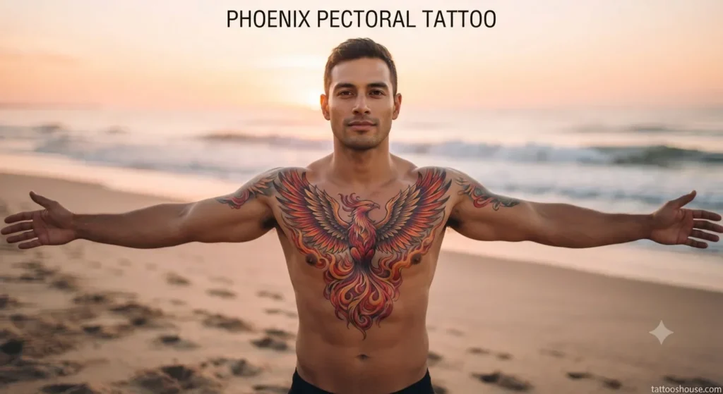 Phoenix pectoral tattoos for men on olive chest by tattooshouse.com