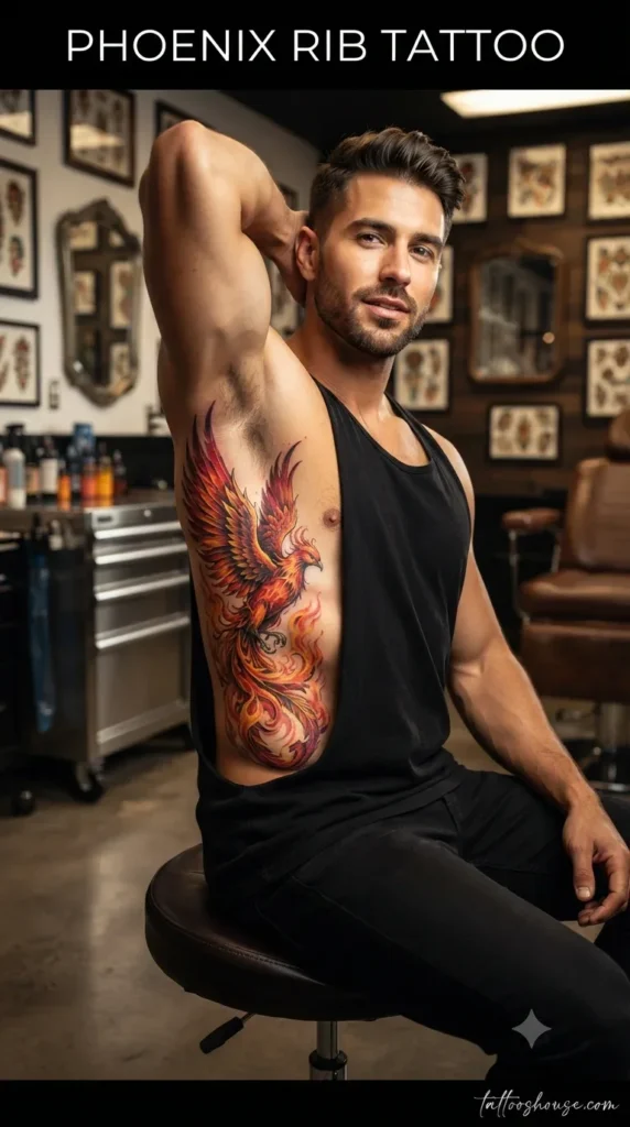 Phoenix rib tattoo for men on olive torso in studio by tattooshouse.com
