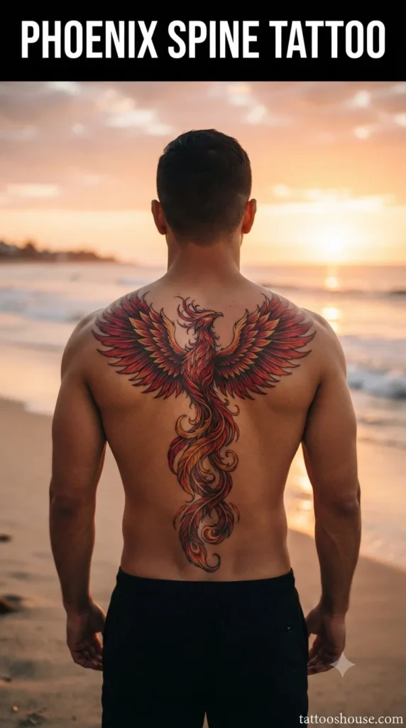 Phoenix spine tattoo for men on olive back at beach by tattooshouse.com