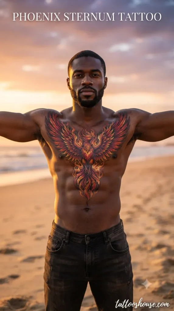 Phoenix sternum tattoo for men on dark ebony chest at beach by tattooshouse.com