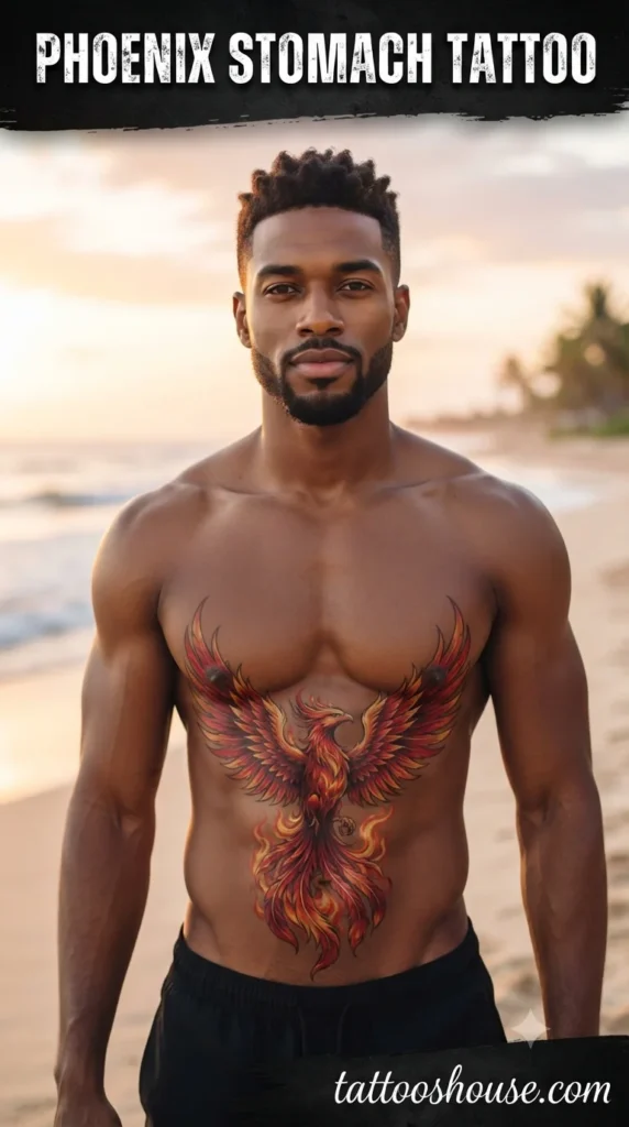 Phoenix stomach tattoo for young man on dark brown torso by tattooshouse.com