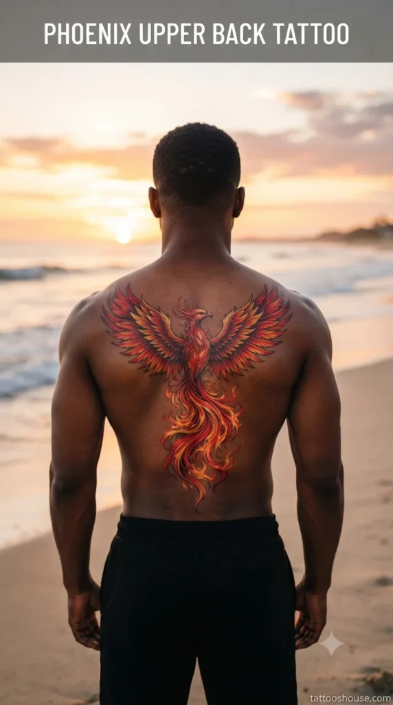 Phoenix upper back tattoo for men on dark brown back at beach by tattooshouse.com