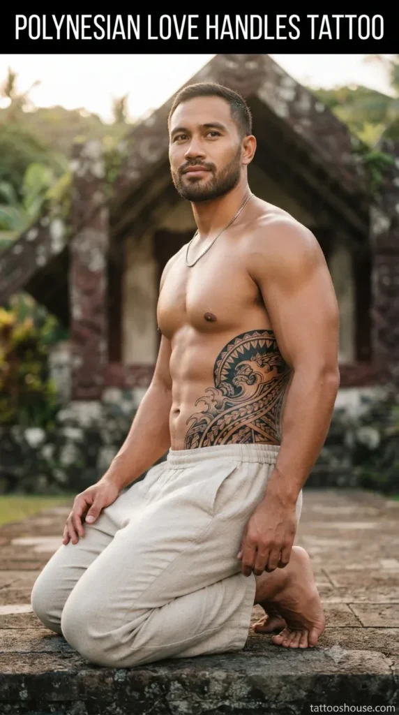 Polynesian love handles tattoo for men on tan side torso at temple by tattooshouse.com