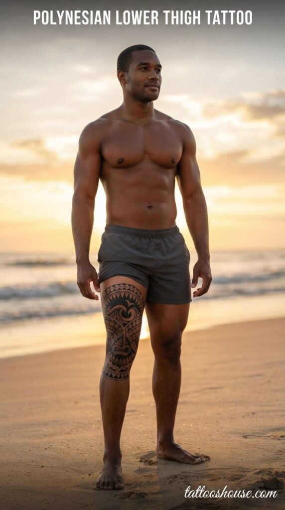 Polynesian lower thigh tattoo for men on dark brown thigh at beach by tattooshouse.com