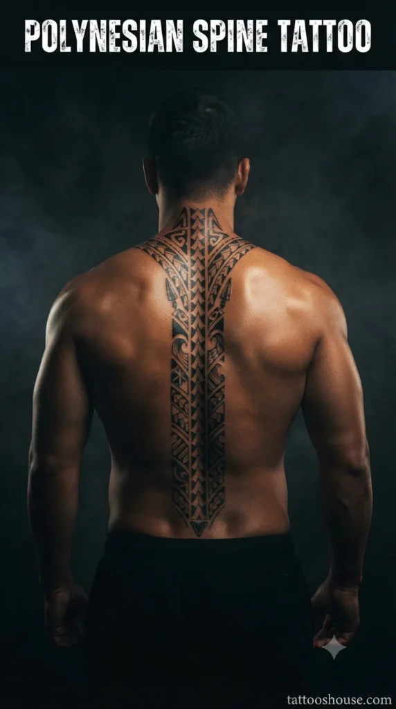 Polynesian tribal spine tattoo for men on tan back in dark studio by tattooshouse.com