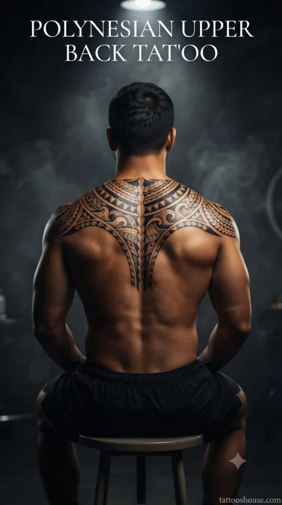  Polynesian upper back tattoo for men on tan back in dark studio by tattooshouse.com