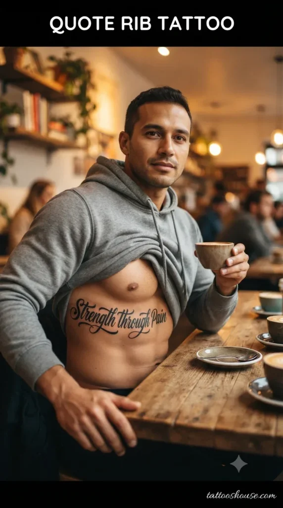 Quote rib tattoo for men on olive torso in coffee shop by tattooshouse.com