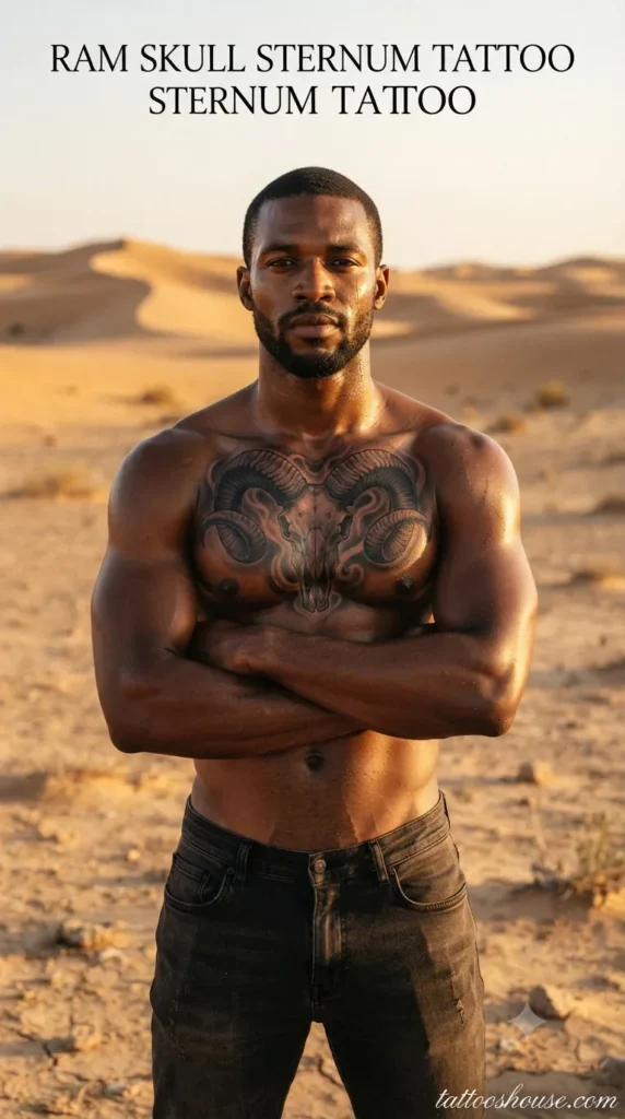 Ram skull sternum tattoo for men on dark brown chest in desert by tattooshouse.com