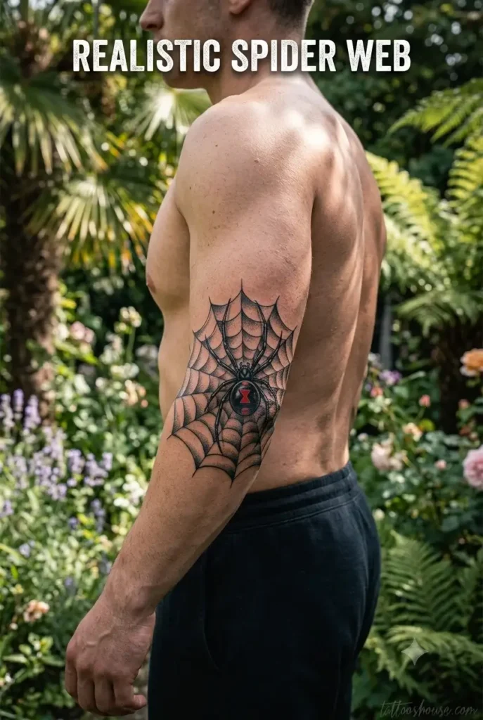 Bold spider web elbow tattoo for men on pale arm in tattoo studio with thick black lines by tattooshouse.com