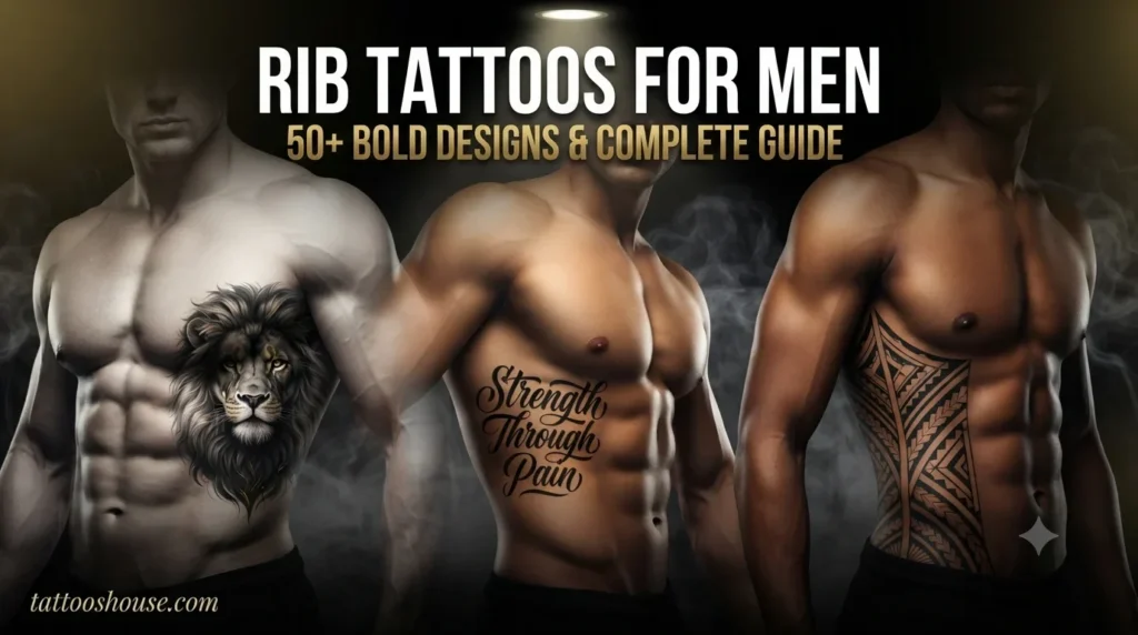 Rib tattoos for men featuring lion portrait, script quote, and tribal patterns on masculine torsos with dramatic dark aesthetic by tattooshouse.com