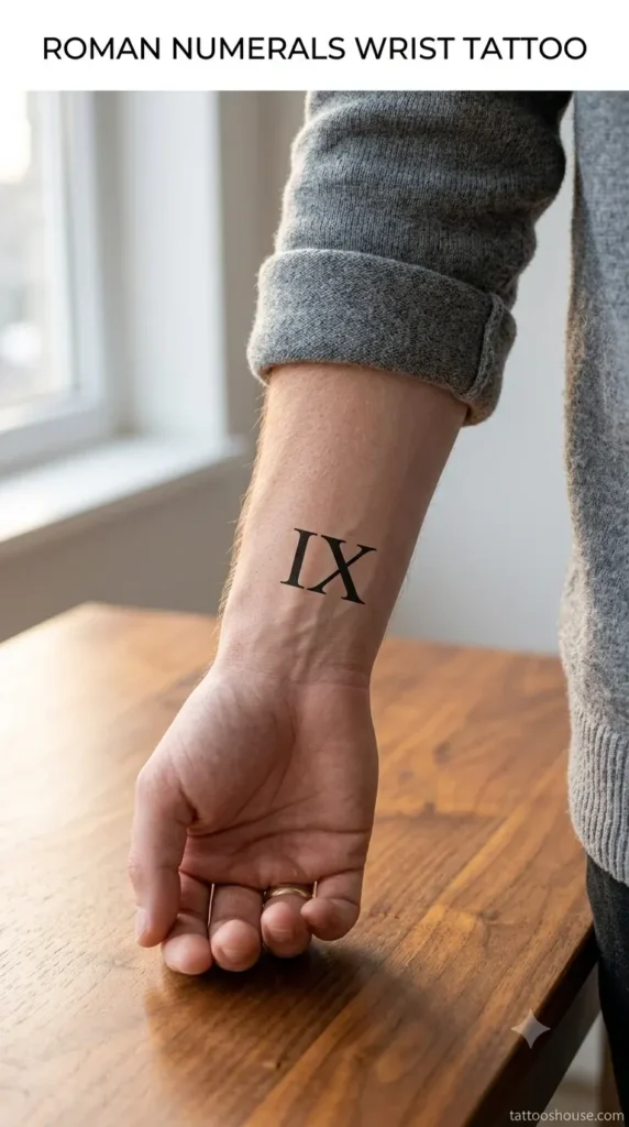 Roman numerals wrist tattoo for men on pale inner wrist by tattooshouse.com