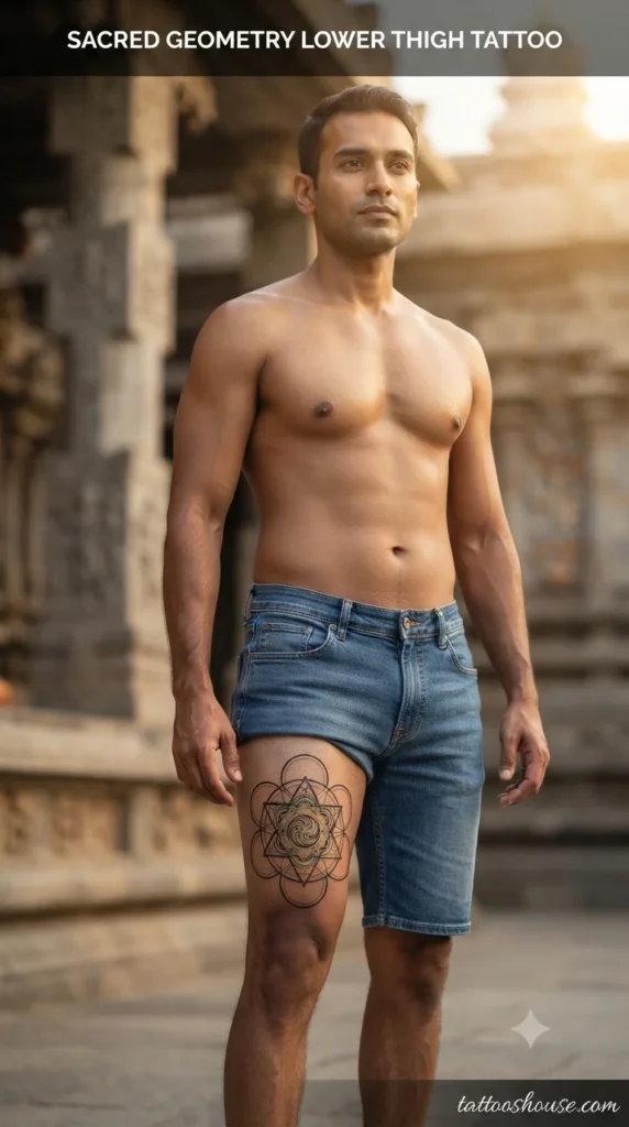 Sacred geometry lower thigh tattoo for men on olive thigh at temple by tattooshouse.com