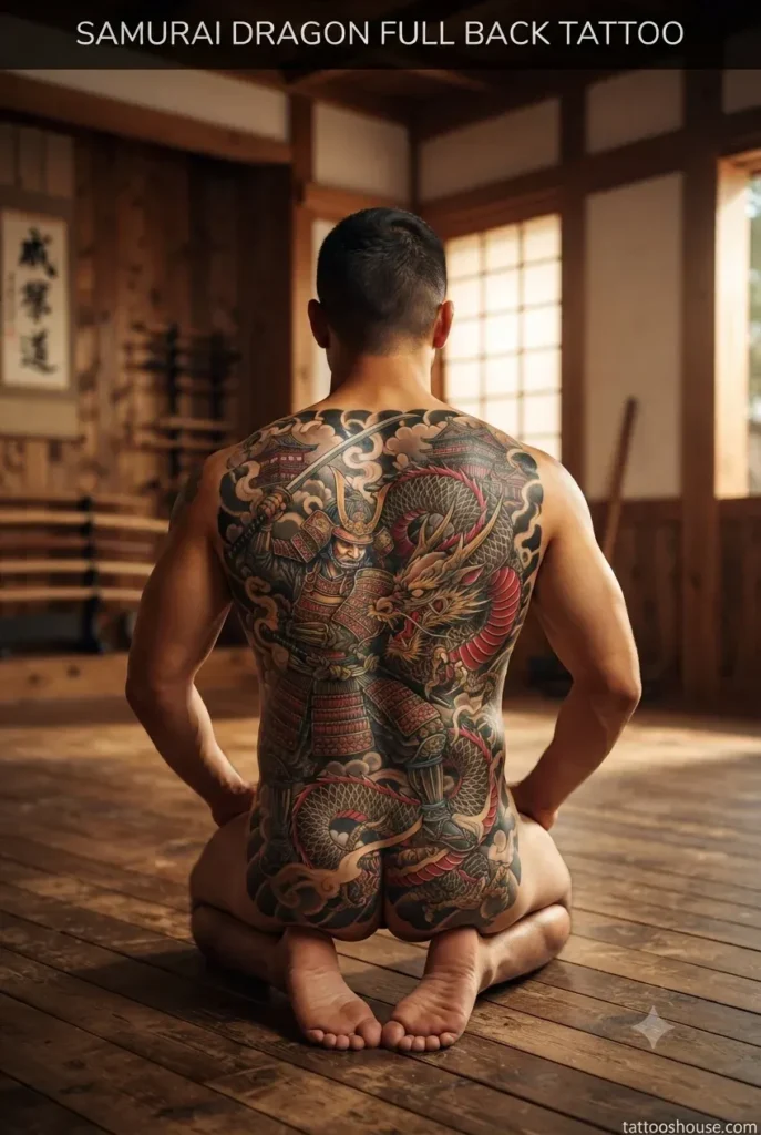  Samurai vs dragon full back tattoo for men on olive back in dojo by tattooshouse.com