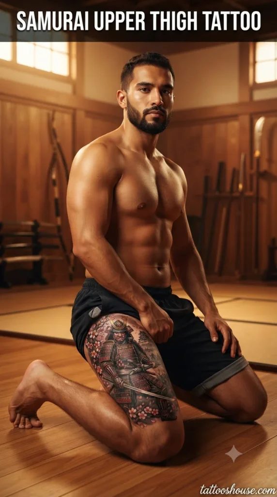 Samurai upper thigh tattoo for men on tan thigh in dojo by tattooshouse.com