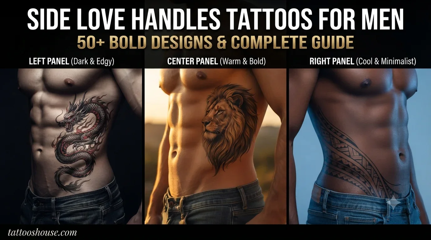 Side love handles tattoos for men featuring three styles – dragon, lion head, and tribal pattern on different side torsos by tattooshouse.com