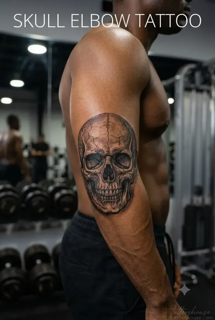  Hyper-realistic skull elbow tattoo for men on dark brown arm at gym with cracked texture by tattooshouse.com
