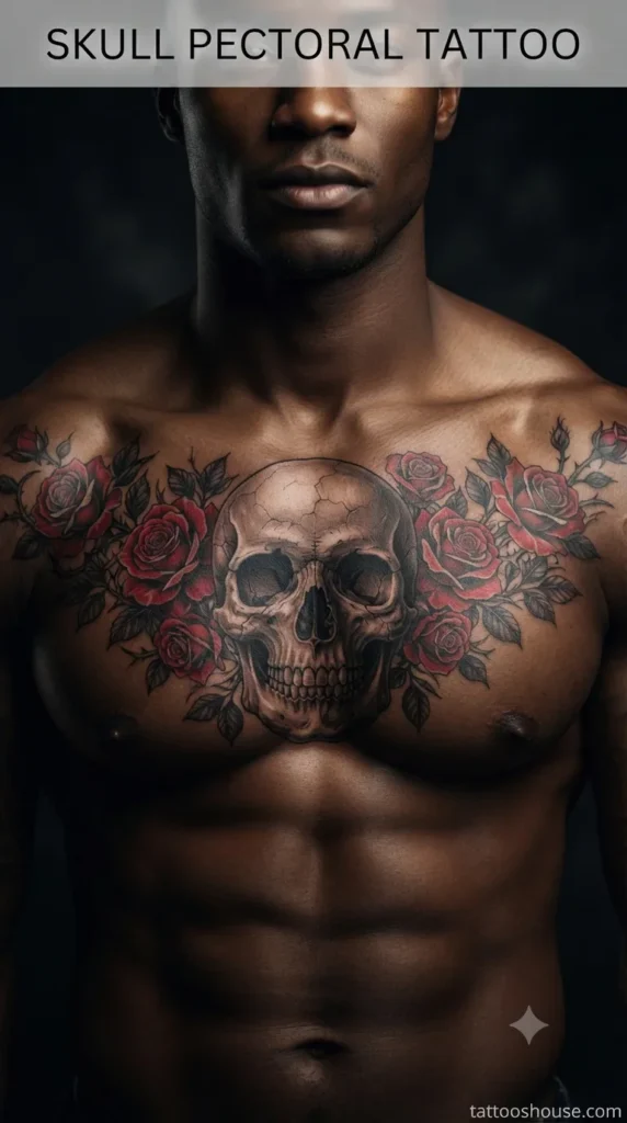 Skull with roses pectoral tattoo for men on dark brown chest by tattooshouse.com