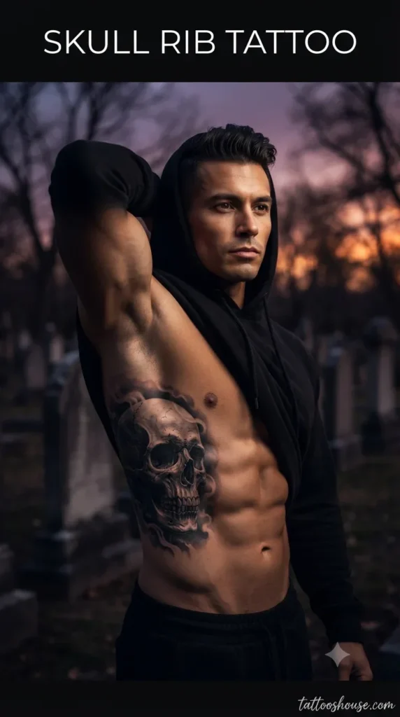 Skull rib tattoo for men on tan torso in graveyard by tattooshouse.com