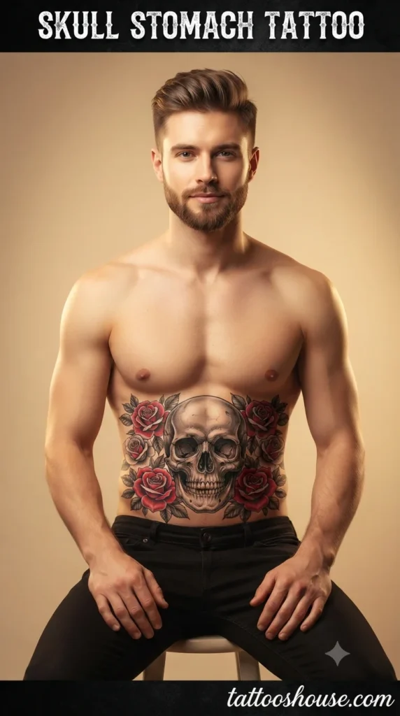 Skull stomach tattoo for young man on pale torso by tattooshouse.com