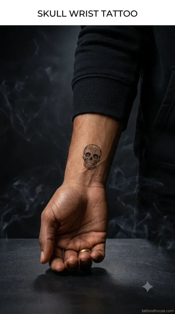 Skull wrist tattoos for men on tan outer wrist by tattooshouse.com