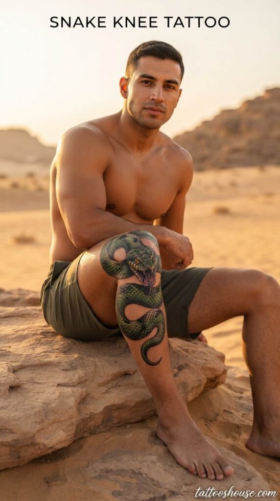 Snake knee tattoo for men on olive knee in desert by tattooshouse.com