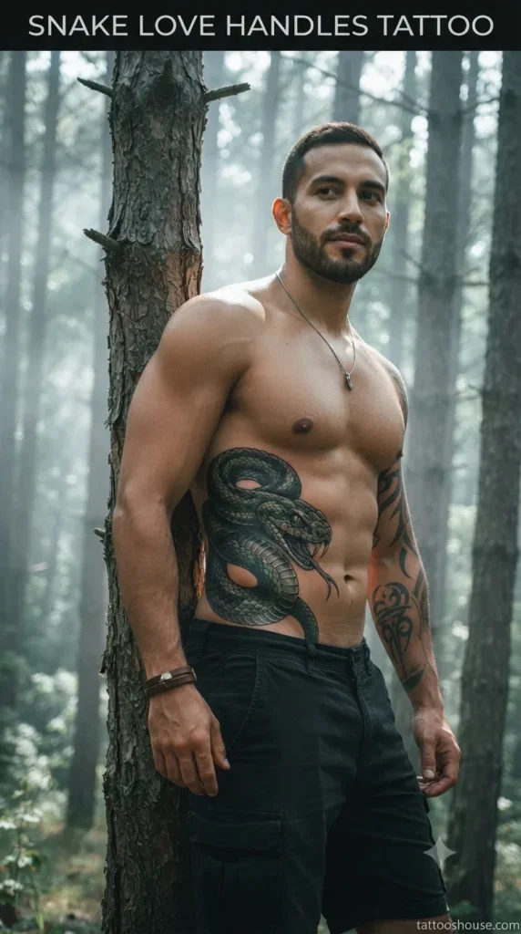 Snake love handles tattoo for men on olive side torso in forest by tattooshouse.com