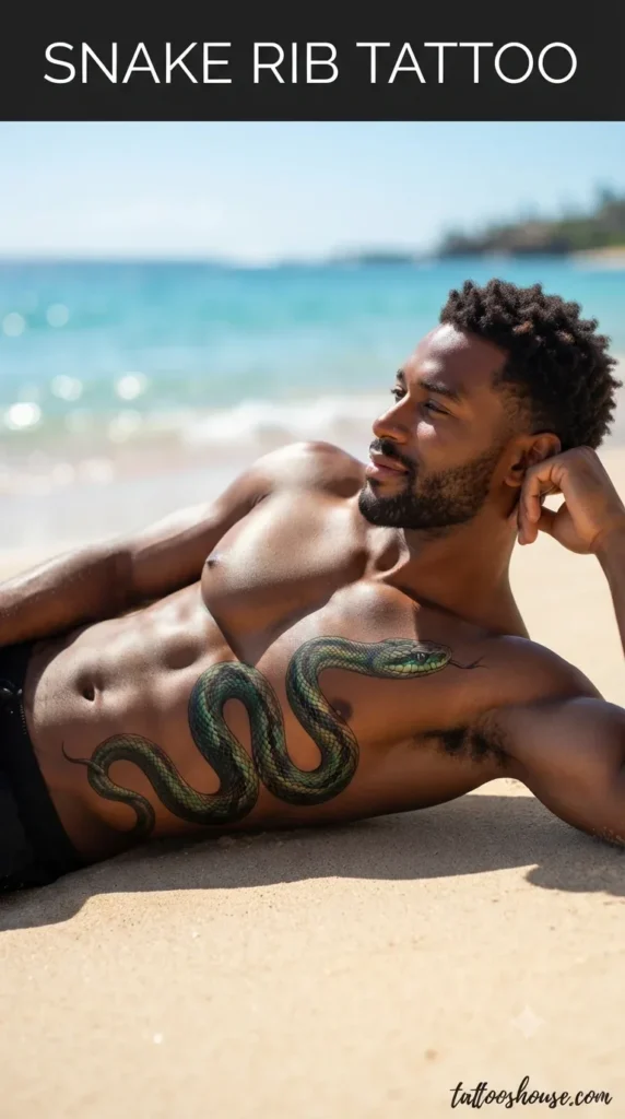 Snake rib tattoo for men on dark brown torso at beach by tattooshouse.com