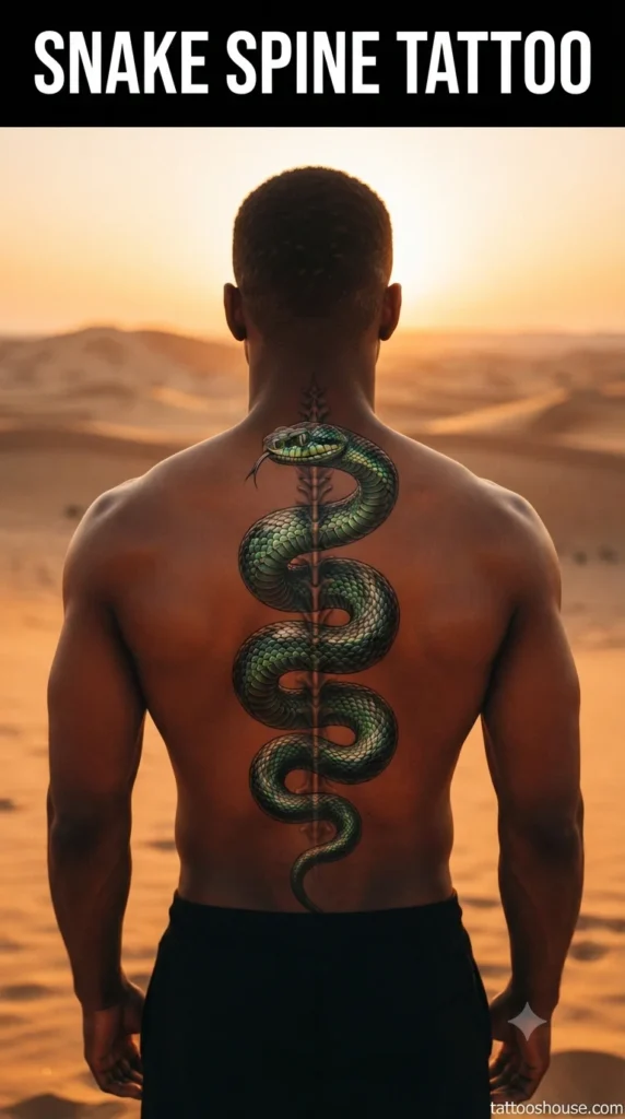 nake spine tattoo for men on dark brown back in desert by tattooshouse.com