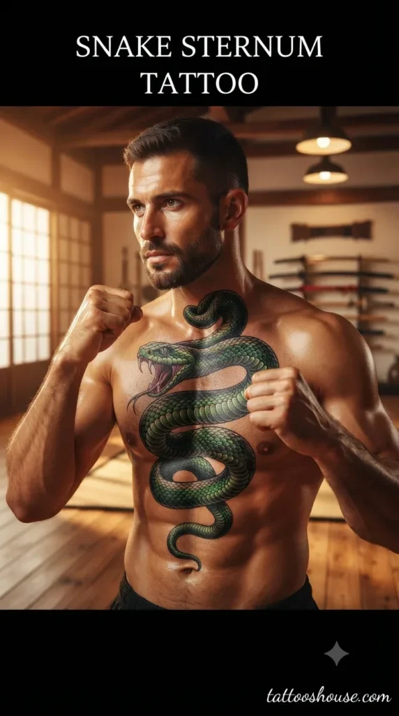 Medium shot professional photograph of a tan-skinned man in a martial arts dojo, in a fighting stance revealing his sternum tattoo. On his sternum, a detailed snake coiling along the breastbone with green and black scales, forked tongue, and intense eyes. Dramatic dojo lighting with warm wood tones. Background with martial arts weapons blurred. Man is shirtless. 'SNAKE STERNUM TATTOO' text at top. Signature 'tattooshouse.com' bottom right. High resolution, portrait orientation, professional tattoo photography, by tattooshouse.com"