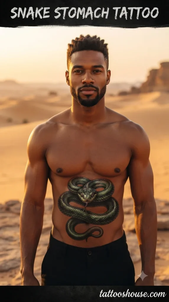 Snake stomach tattoo for young man on dark ebony torso by tattooshouse.com