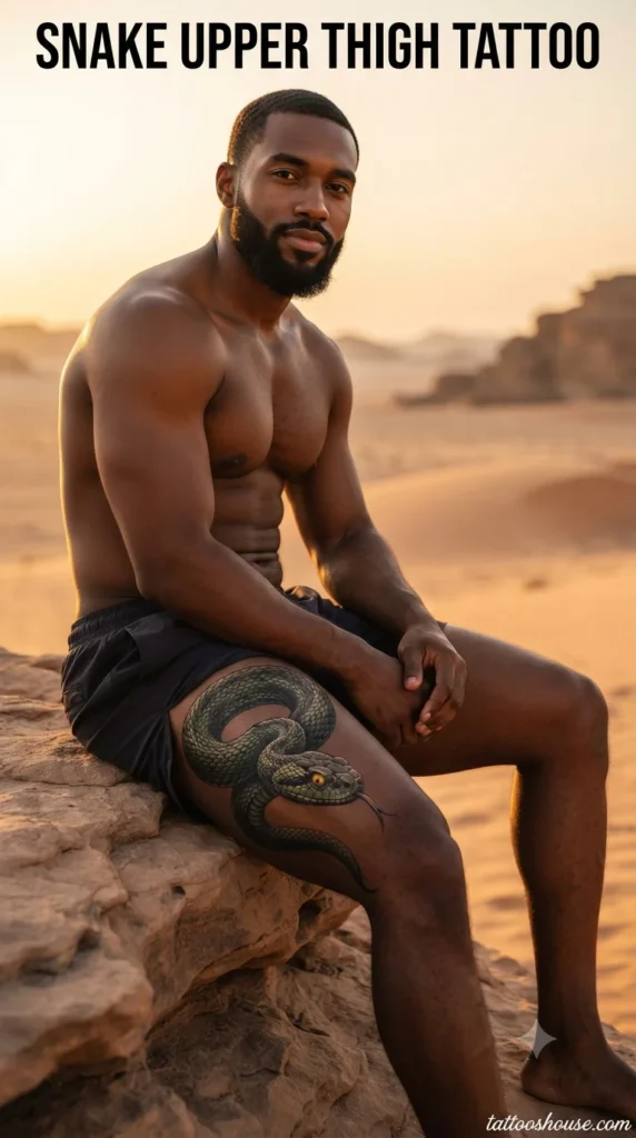 Snake upper thigh tattoo for men on dark brown thigh in desert by tattooshouse.com