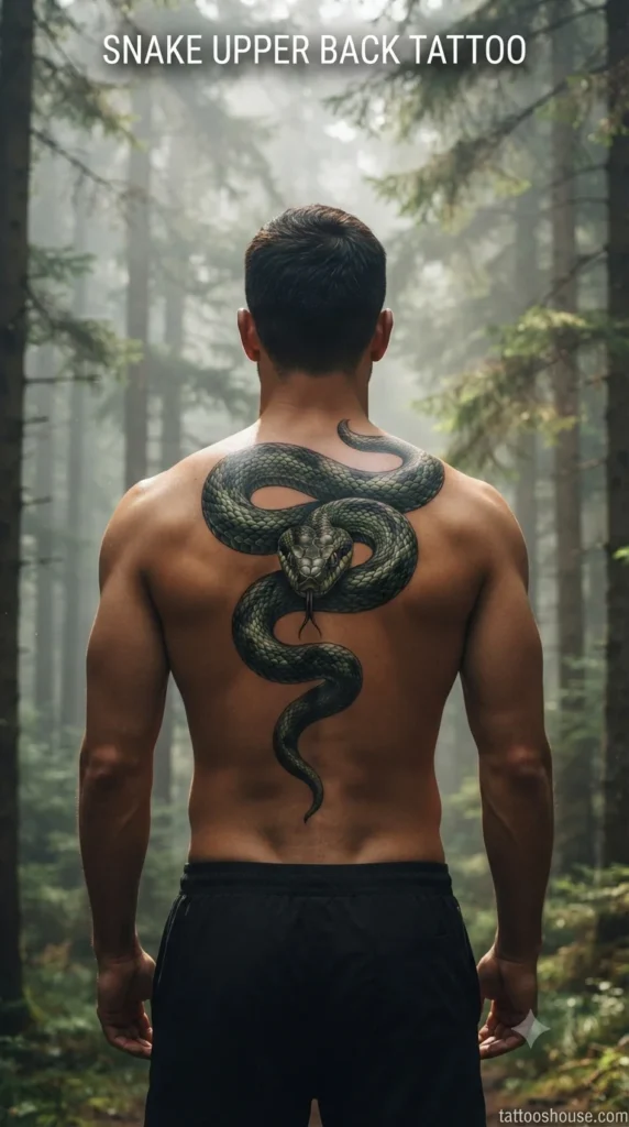 Snake upper back tattoo for men on tan back in forest by tattooshouse.com