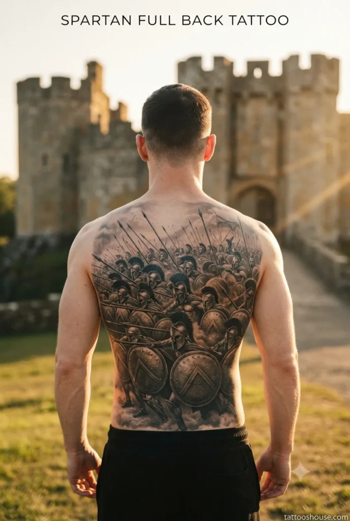 Spartan phalanx full back tattoo for men on pale back at castle by tattooshouse.com