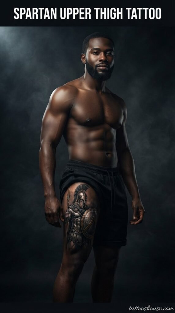 Spartan upper thigh tattoo for men on dark ebony thigh by tattooshouse.com