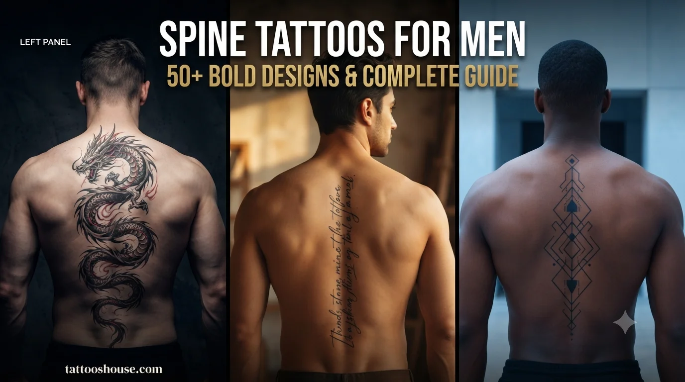 Spine tattoos for men featuring three styles – tribal dragon, script quote, and geometric pattern on different backs by tattooshouse.com