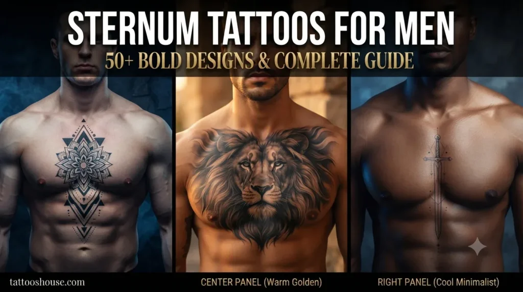 Sternum tattoos for men featuring three styles – blackwork mandala, lion head, and sword design on different chests by tattooshouse.com